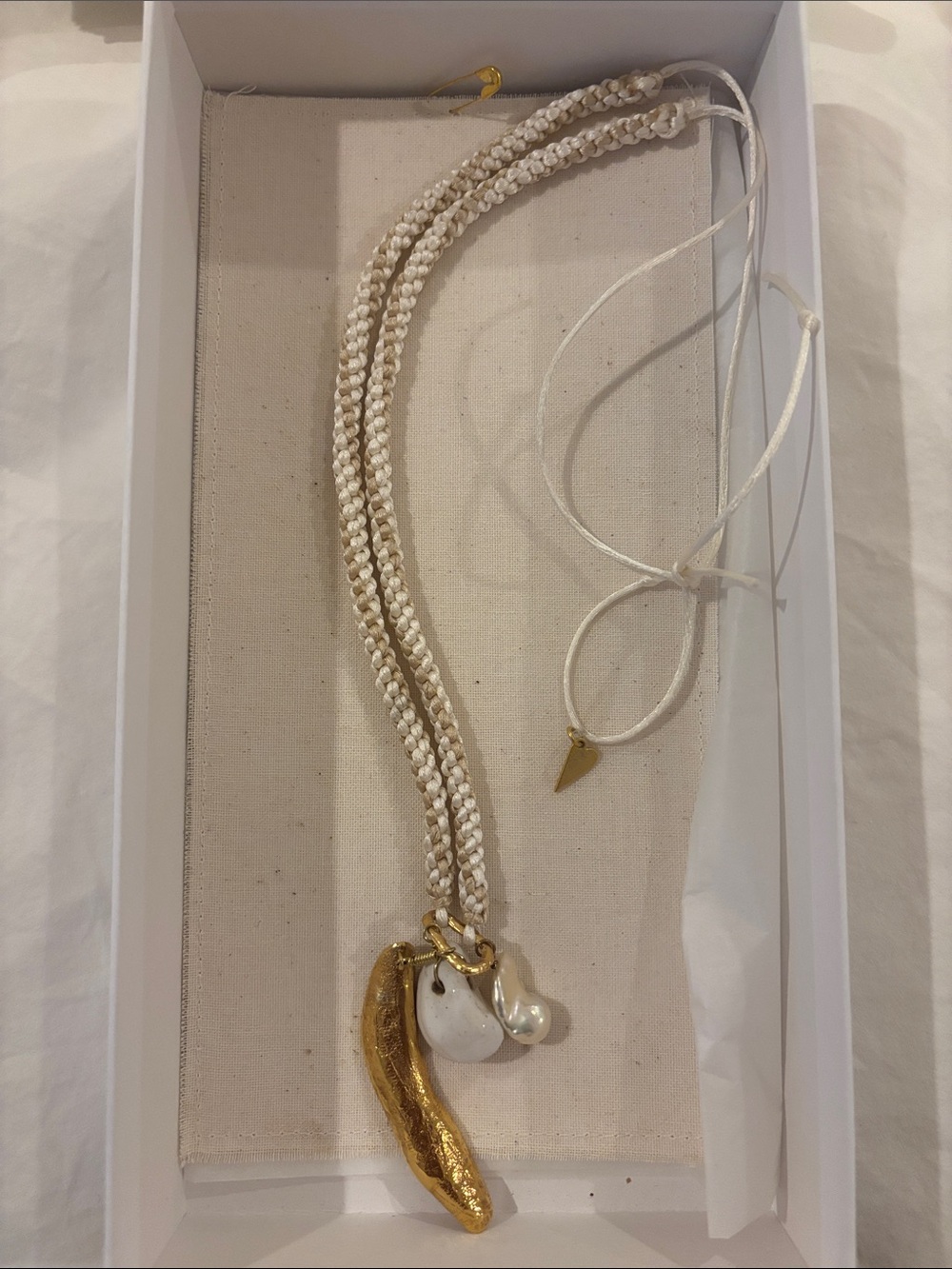 Forte forte Crochet White Cord Necklace with Gold and Pearl Charms